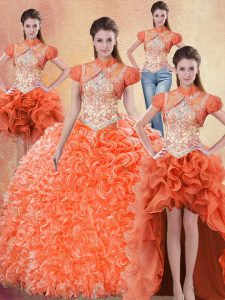 Lovely Four Piece Straps Orange Red Sleeveless Organza Brush Train Lace Up Quince Ball Gowns for Military Ball and Sweet 16 and Quinceanera