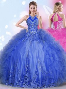 Halter Top Royal Blue Tulle Lace Up Quinceanera Dresses Sleeveless Floor Length Appliques and Ruffles