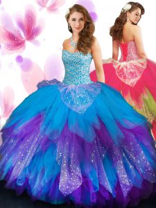 Pretty Multi-color Lace Up Sweetheart Beading and Ruffled Layers Quince Ball Gowns Tulle Sleeveless