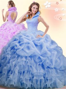 Blue Ball Gowns High-neck Sleeveless Organza Brush Train Backless Beading and Ruffles and Pick Ups Quinceanera Dresses