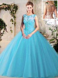 Spectacular Scoop Floor Length Lace Up Quinceanera Dress Baby Blue for Military Ball and Sweet 16 and Quinceanera with Beading