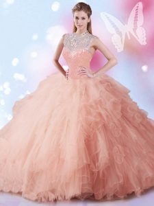 Peach Sleeveless Beading and Ruffles and Sequins Floor Length Quince Ball Gowns