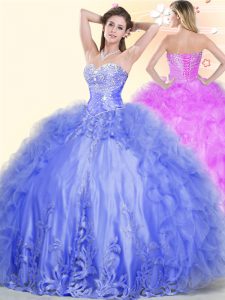 Blue Sleeveless Tulle Lace Up Sweet 16 Dresses for Military Ball and Sweet 16 and Quinceanera