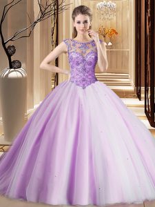 Great Scoop Sleeveless Tulle Brush Train Lace Up Sweet 16 Dress in Lavender with Beading