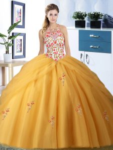 Halter Top Embroidery and Pick Ups Quinceanera Gown Gold Lace Up Sleeveless Floor Length
