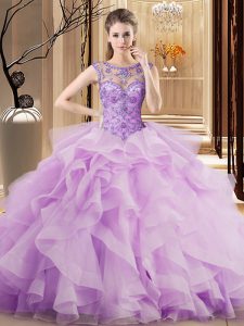 Fancy Scoop Lilac Ball Gowns Beading and Ruffles Quince Ball Gowns Lace Up Tulle Sleeveless