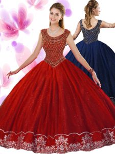 Scoop Wine Red Ball Gowns Beading and Appliques Quinceanera Gown Zipper Tulle Sleeveless Floor Length