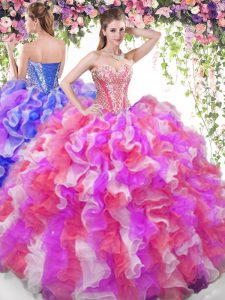 Unique Multi-color Lace Up Sweetheart Beading and Ruffles 15th Birthday Dress Organza Sleeveless