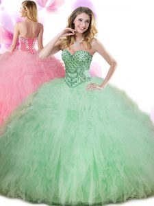 Glamorous Sleeveless Floor Length Beading and Ruffles Lace Up Damas Dress with Apple Green