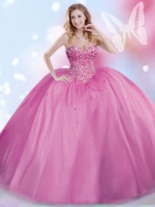 Lilac Tulle Lace Up Quinceanera Gowns Sleeveless Floor Length Beading