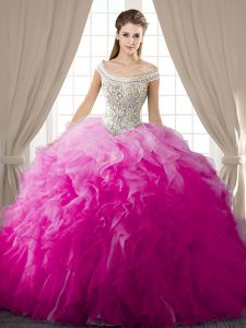 Off The Shoulder Sleeveless Ball Gown Prom Dress Floor Length Beading and Ruffles Fuchsia Organza