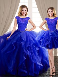 Fantastic Three Piece Scoop Tulle Cap Sleeves With Train Vestidos de Quinceanera Brush Train and Beading and Appliques and Ruffles