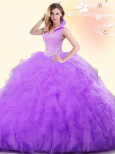 Backless High-neck Sleeveless Quinceanera Dresses Floor Length Beading and Ruffles Lavender Tulle