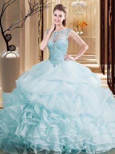 Noble Scoop Pick Ups Ball Gowns Sleeveless Light Blue 15th Birthday Dress Brush Train Lace Up