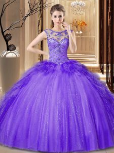 High End Sequins Floor Length Purple Vestidos de Quinceanera Scoop Sleeveless Lace Up