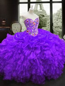 Clearance Purple Organza Lace Up Sweetheart Sleeveless Floor Length Sweet 16 Dresses Embroidery and Ruffles