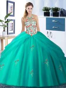 Halter Top Turquoise Sleeveless Floor Length Embroidery and Pick Ups Lace Up Sweet 16 Quinceanera Dress