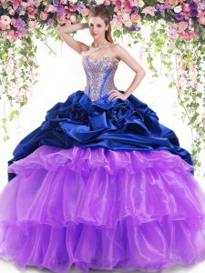 Super Multi-color Ball Gowns Organza and Taffeta Sweetheart Sleeveless Beading and Ruffled Layers and Pick Ups With Train Lace Up Quince Ball Gowns Brush Train