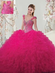 Straps Sleeveless Quinceanera Gown Floor Length Beading and Ruffles and Hand Made Flower Hot Pink Tulle