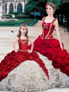 White And Red Sweet 16 Dresses Military Ball and Sweet 16 and Quinceanera and For with Beading and Ruffles and Pick Ups Straps Sleeveless Brush Train Lace Up