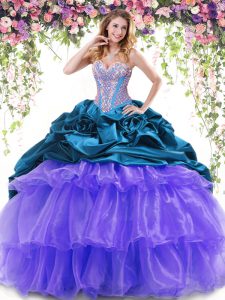 Multi-color Ball Gowns Beading and Ruffled Layers and Pick Ups Quince Ball Gowns Lace Up Organza and Taffeta Sleeveless With Train