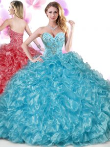 High End Blue Quinceanera Gown Military Ball and Sweet 16 and Quinceanera and For with Beading and Ruffles Sweetheart Sleeveless Lace Up