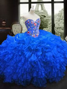 Sexy Royal Blue Sweetheart Neckline Embroidery and Ruffles Sweet 16 Dress Sleeveless Lace Up