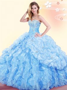 Stylish Sleeveless Floor Length Beading and Ruffles and Pick Ups Lace Up Quinceanera Gowns with Baby Blue