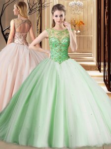 New Arrival Brush Train Ball Gowns Quinceanera Gown Apple Green Scoop Tulle Sleeveless Lace Up