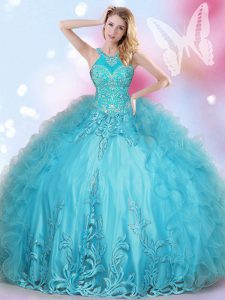 Romantic Halter Top Aqua Blue Lace Up Sweet 16 Quinceanera Dress Beading and Appliques Sleeveless Floor Length