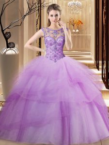 Spectacular Scoop Sleeveless Beading and Ruffled Layers Lace Up Vestidos de Quinceanera with Lilac Brush Train