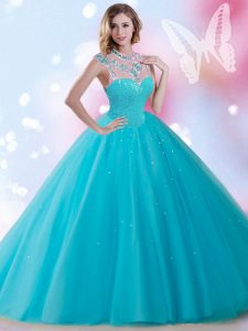 Wonderful Sequins Floor Length Ball Gowns Sleeveless Aqua Blue 15th Birthday Dress Zipper