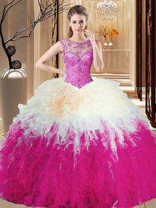 Customized Scoop Beading Quince Ball Gowns Multi-color Lace Up Sleeveless Floor Length