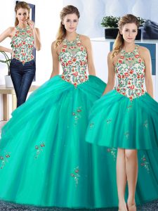 Glamorous Three Piece Halter Top Tulle Sleeveless Floor Length Sweet 16 Quinceanera Dress and Embroidery and Pick Ups