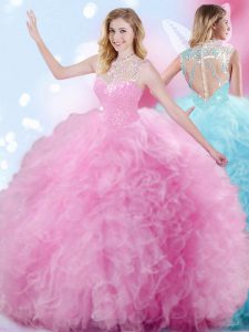Pick Ups Floor Length Ball Gowns Sleeveless Rose Pink Vestidos de Quinceanera Zipper