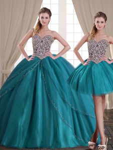 Three Piece Teal Sweetheart Neckline Beading Quinceanera Gown Sleeveless Lace Up