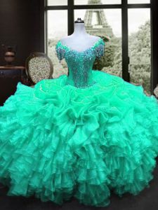 Turquoise Lace Up Sweetheart Beading and Ruffles Sweet 16 Dress Organza Cap Sleeves