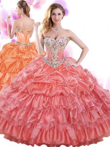 Free and Easy Floor Length Lace Up Quinceanera Dresses Watermelon Red for Military Ball and Sweet 16 and Quinceanera with Beading and Ruffled Layers and Pick Ups