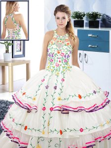 Halter Top Sleeveless Quinceanera Gown Floor Length Embroidery and Ruffled Layers White Organza and Taffeta