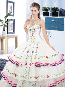 Stunning Scoop White Lace Up Quinceanera Dress Beading and Embroidery and Ruffled Layers Sleeveless Floor Length