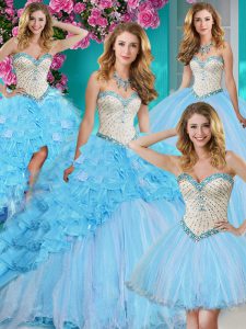 Four Piece Sweetheart Sleeveless Brush Train Lace Up Sweet 16 Dresses Baby Blue Organza