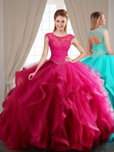Scoop Hot Pink Cap Sleeves With Train Beading and Appliques and Ruffles Lace Up Sweet 16 Quinceanera Dress