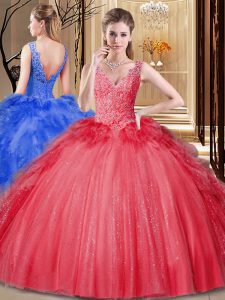 Modern Tulle and Sequined V-neck Sleeveless Backless Appliques and Sequins and Pick Ups Quinceanera Gown in Red