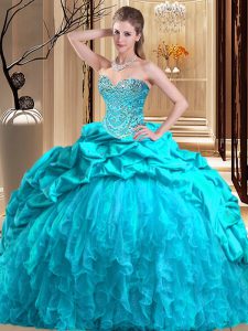 Aqua Blue Ball Gowns Beading and Ruffles Ball Gown Prom Dress Lace Up Taffeta and Tulle Sleeveless
