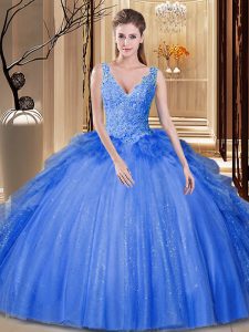 Flare Sequins Pick Ups Floor Length Royal Blue Quince Ball Gowns V-neck Sleeveless Backless