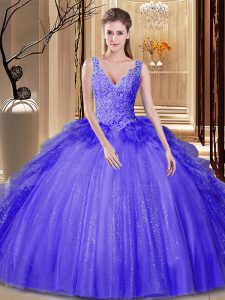 Backless Floor Length Lavender Quinceanera Dresses Tulle and Sequined Sleeveless Appliques and Ruffles and Sequins