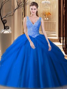 Exquisite Lace and Pick Ups Quinceanera Dress Blue Backless Sleeveless Floor Length