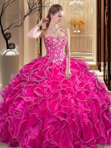 Fuchsia Organza Lace Up Sweetheart Sleeveless Floor Length Quinceanera Gowns Embroidery and Ruffles