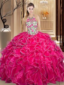 Scoop Hot Pink Organza Backless Sweet 16 Dresses Sleeveless Floor Length Embroidery and Ruffles