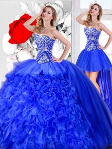 Comfortable Three Piece Floor Length Lace Up Sweet 16 Quinceanera Dress Blue for Military Ball and Sweet 16 and Quinceanera with Beading and Ruffles